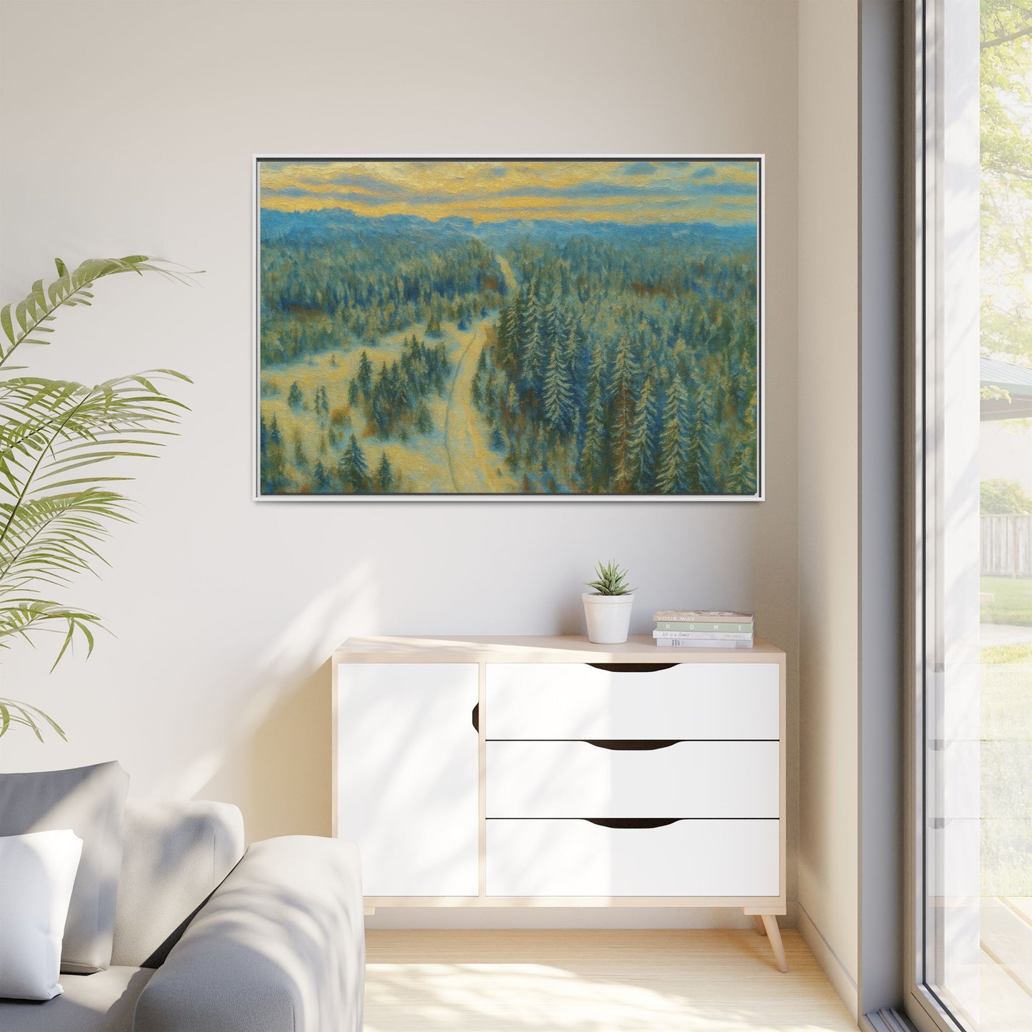 Framed matte canvas print of a serene winter forest landscape by Printify, showcasing snow-covered trees and peaceful scenery.