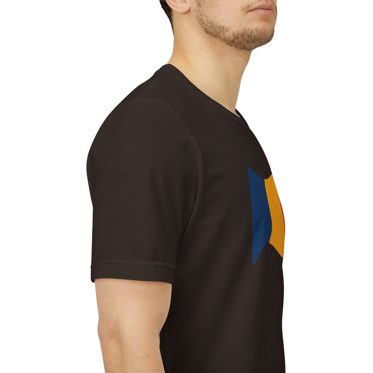 Romania flag T-shirt with minimal waving tricolor design, casual unisex tee from Printify featuring red, yellow, and blue stripes.