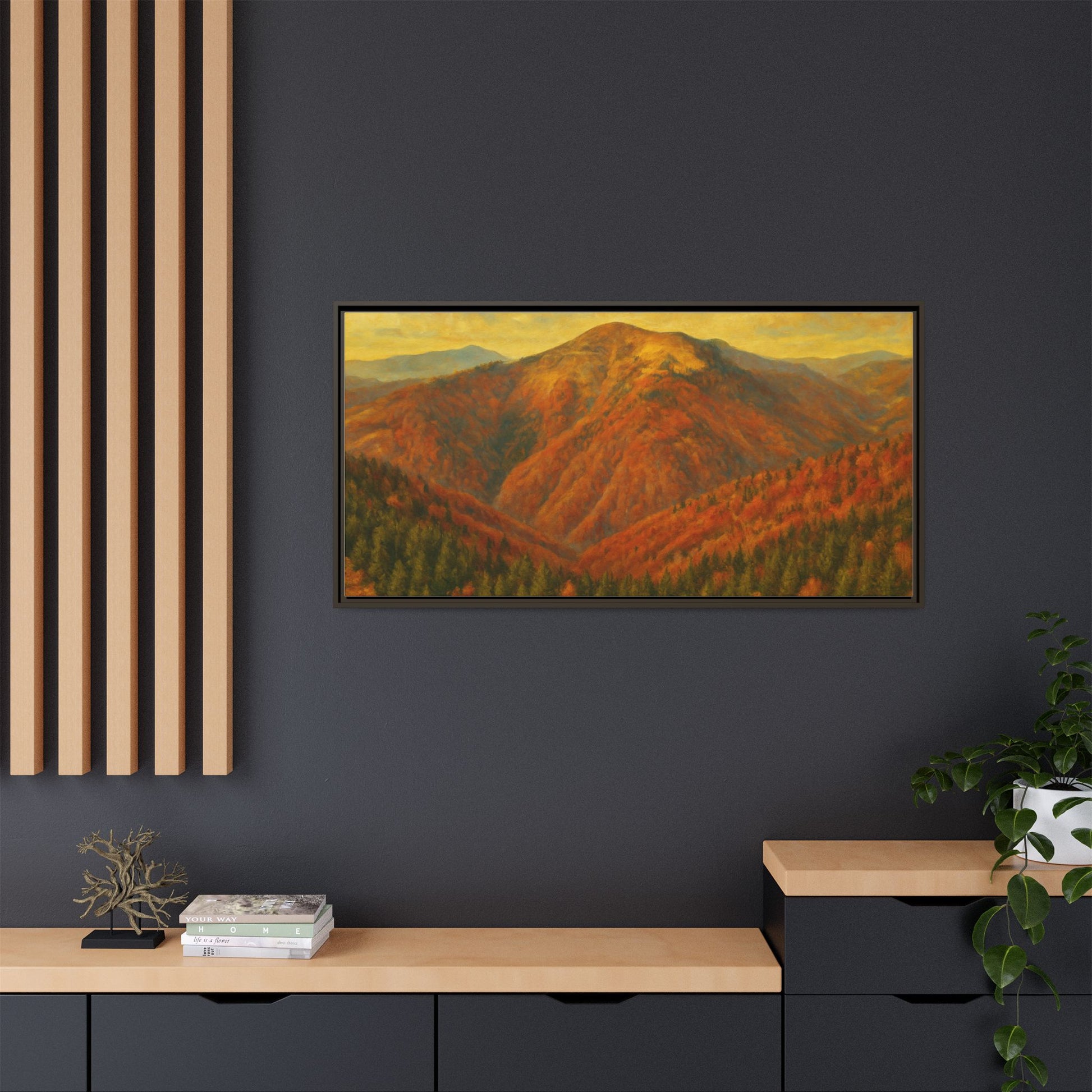 Autumn mountain matte canvas framed wall art by Printify showing a scenic mountain landscape in warm autumn colors.