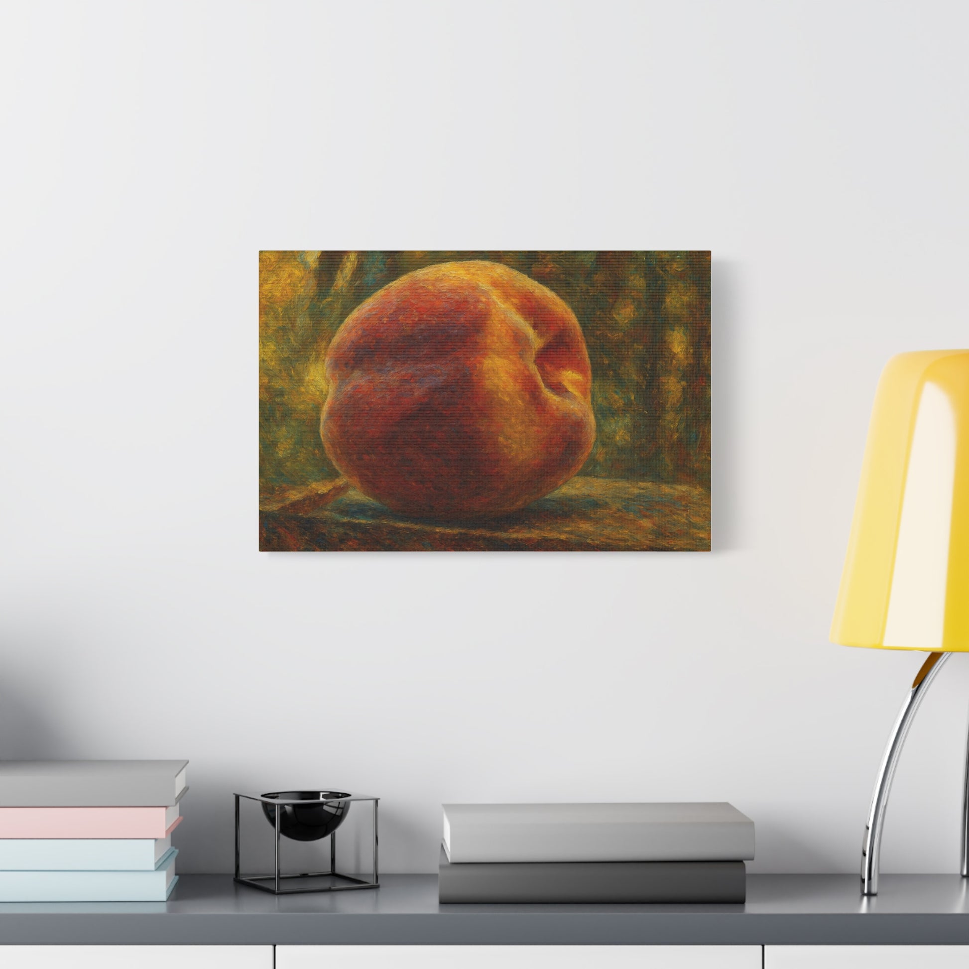 Peach still life matte canvas print by Printify, 1.25-inch stretched wall art featuring a vibrant peach fruit illustration.