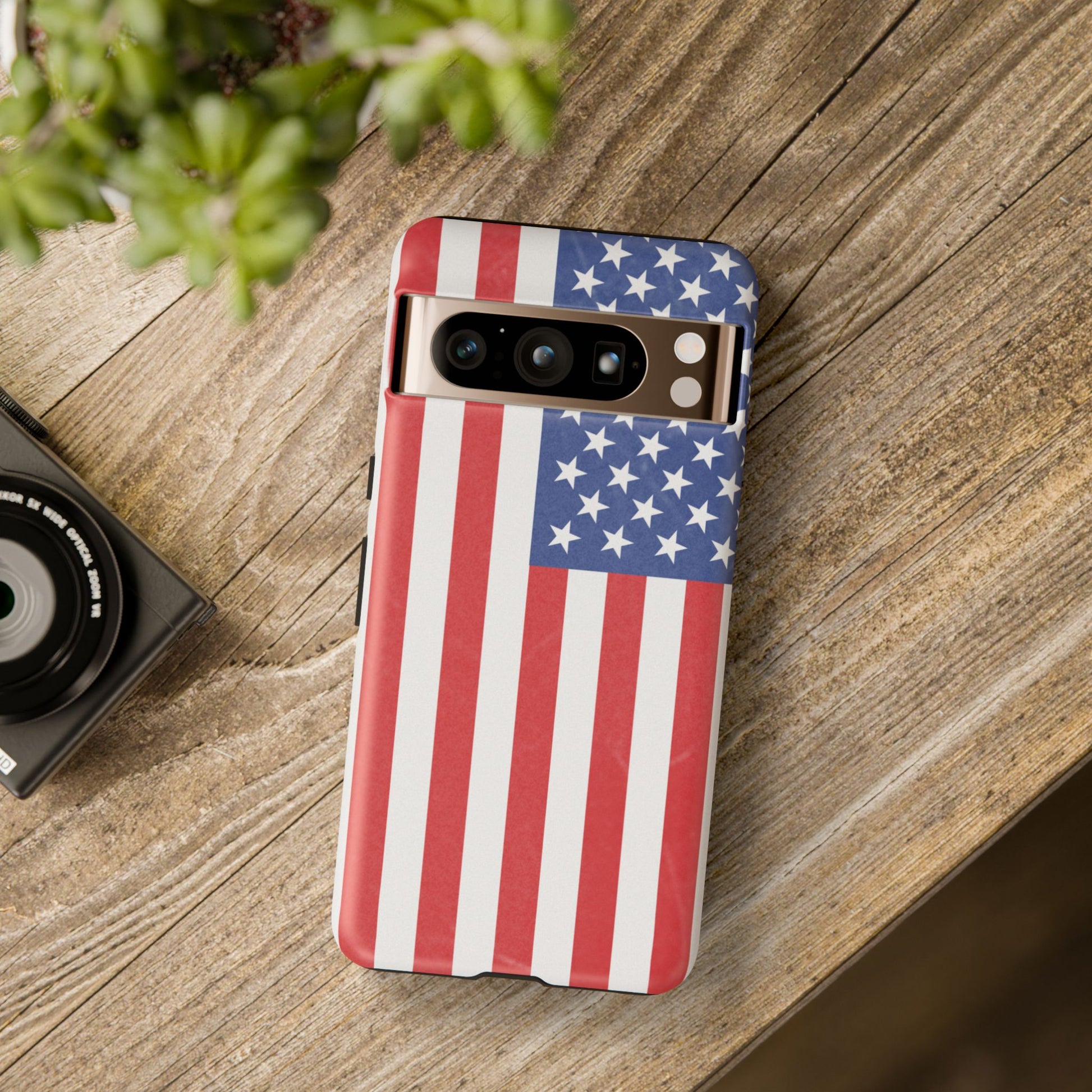 American flag tough phone case for iPhone, durable patriotic print, protective Cover with bold red, white, and blue design.
