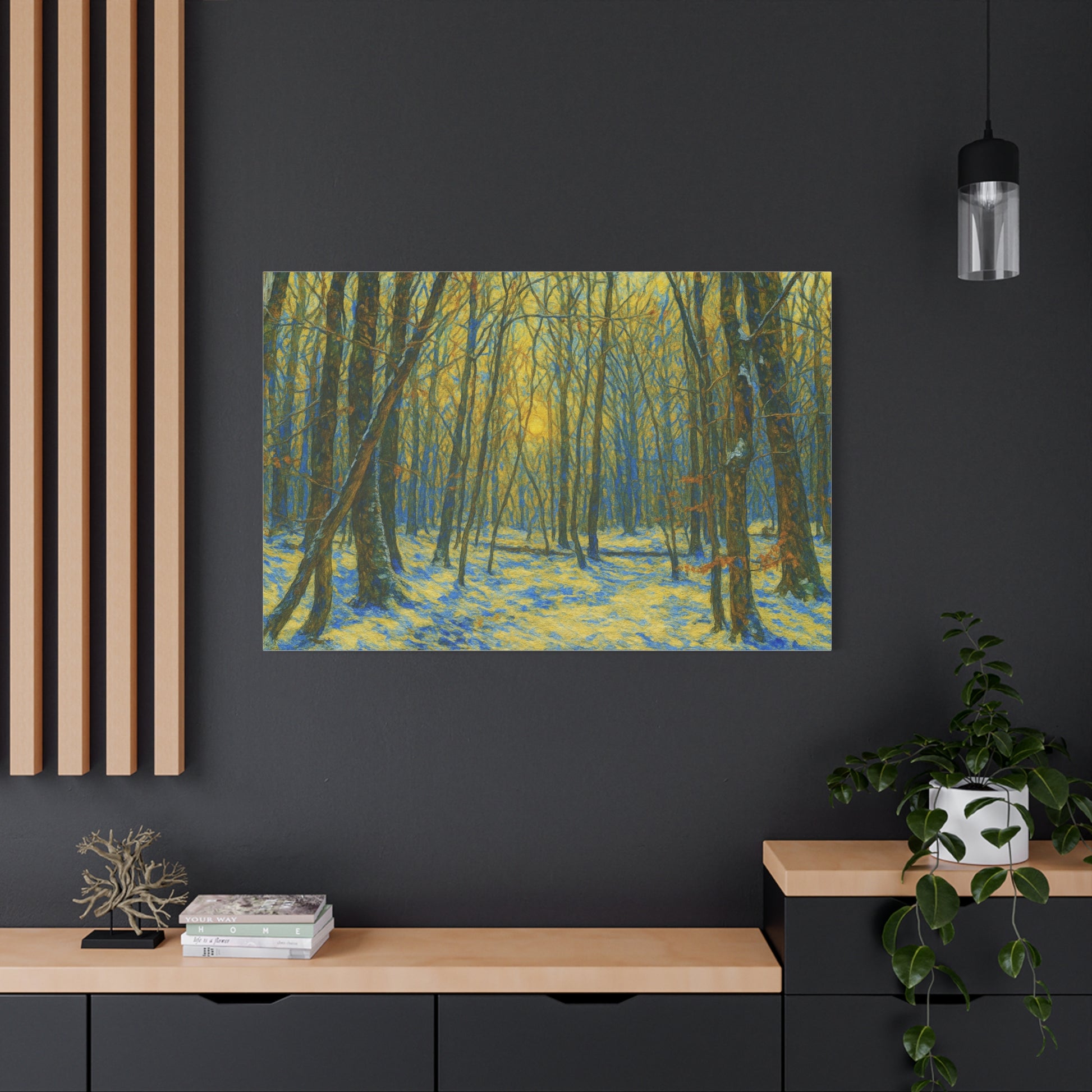 Winter woodland forest sunlight canvas print by Printify featuring a matte, stretched canvas of a serene winter woodland scene.