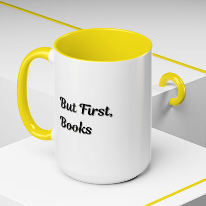 Printify "But First, Books" coffee mug featuring a book lover design in 11oz and 15oz sizes, ceramic drinkware for book enthusiasts.