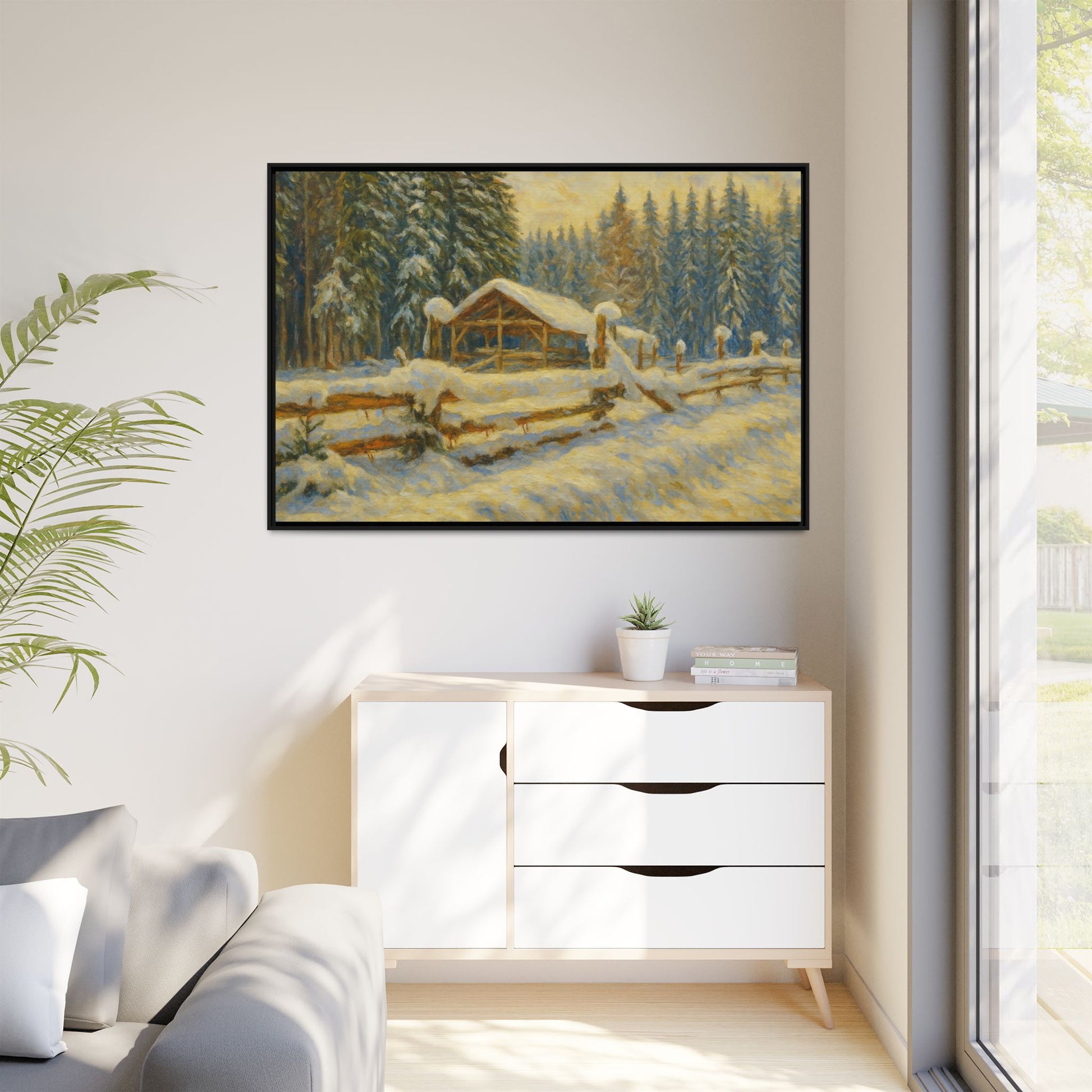 Snowy cabin winter landscape canvas wall art by Printify featuring a cozy cabin scene in a snowy setting.