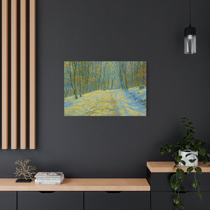 Winter landscape canvas wall art by Printify featuring a cozy nature scene, ideal for living room decor.