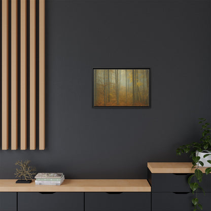 Framed matte canvas wall art of a misty autumn forest scene, showcasing vibrant fall foliage and a tranquil woodland setting.