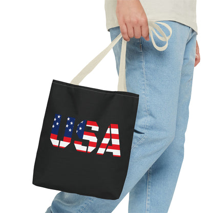 Red, white, and blue patriotic USA flag tote bag by Printify, reusable summer carryall for 4th of July celebrations.