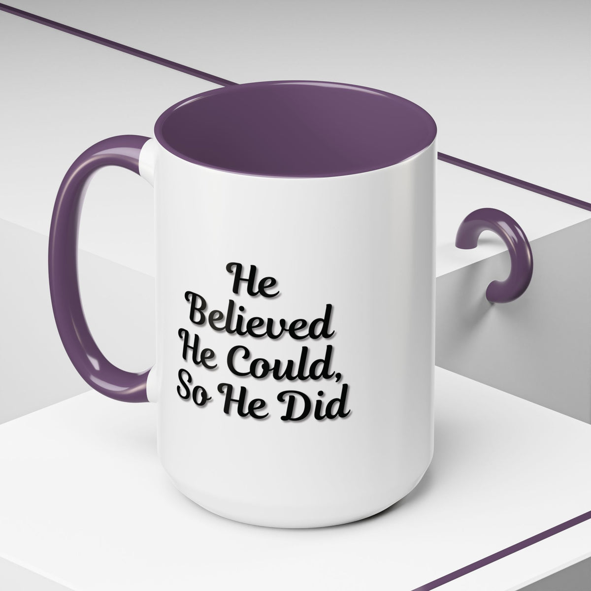 Printify "He Believed He Could So He Did" ceramic coffee mug with motivational quote and handle, ideal for daily inspiration.