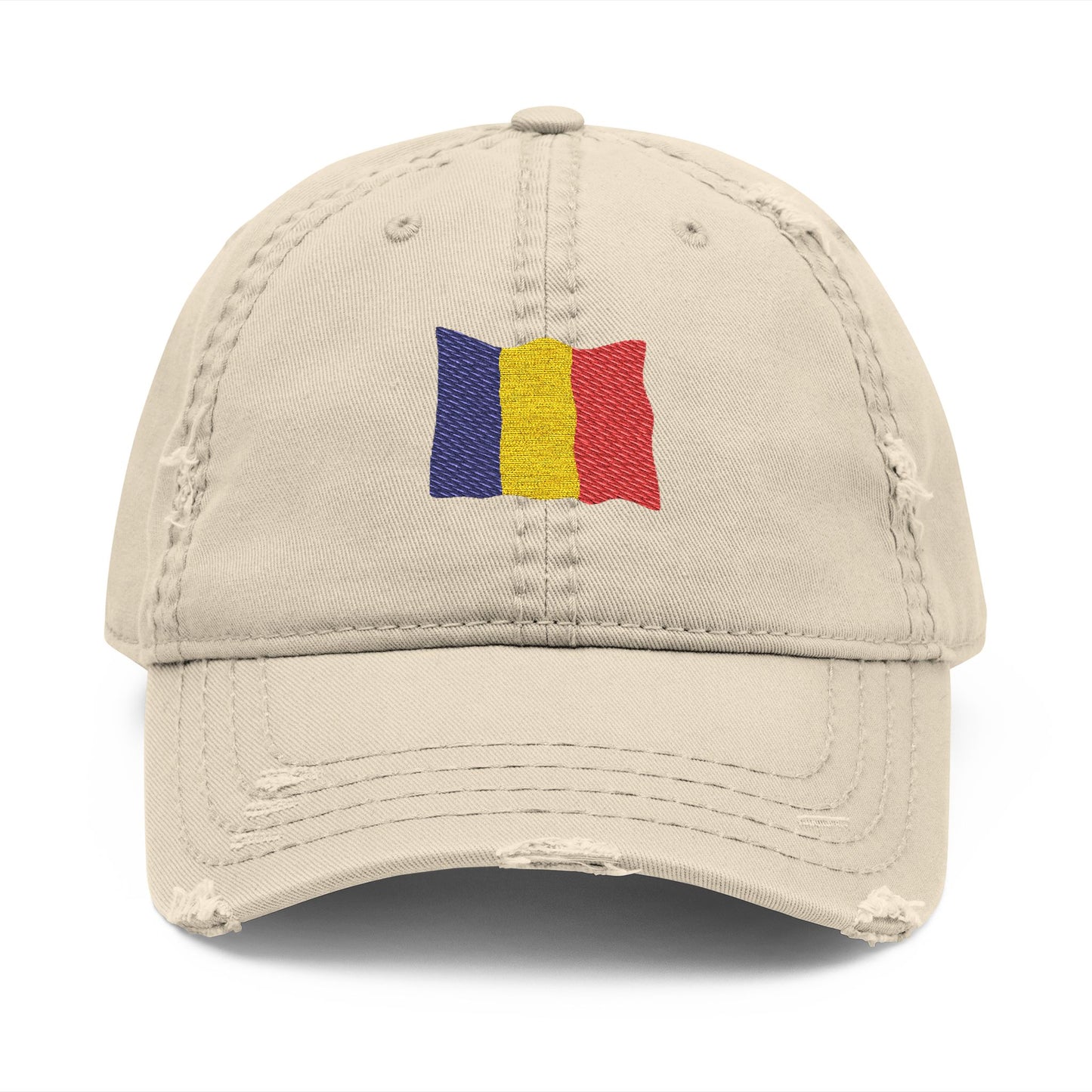 Distressed embroidered dad hat with Romanian flag patch, casual accessory featuring a worn look and patriotic embroidery.