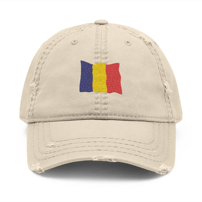 Distressed embroidered dad hat with Romanian flag patch, casual accessory featuring a worn look and patriotic embroidery.