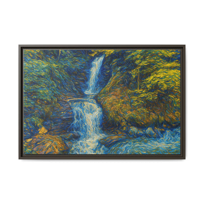Framed matte canvas print of impressionist waterfall wall art by Printify, featuring vibrant colors and textured brushstroke details.