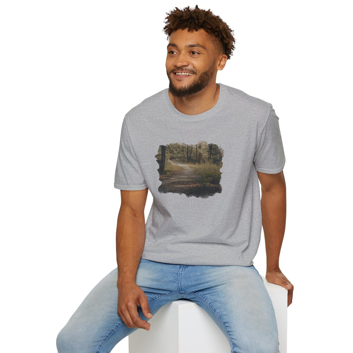 Vintage Forest Landscape T-Shirt by Printify featuring a nature pathway and lush greenery design.