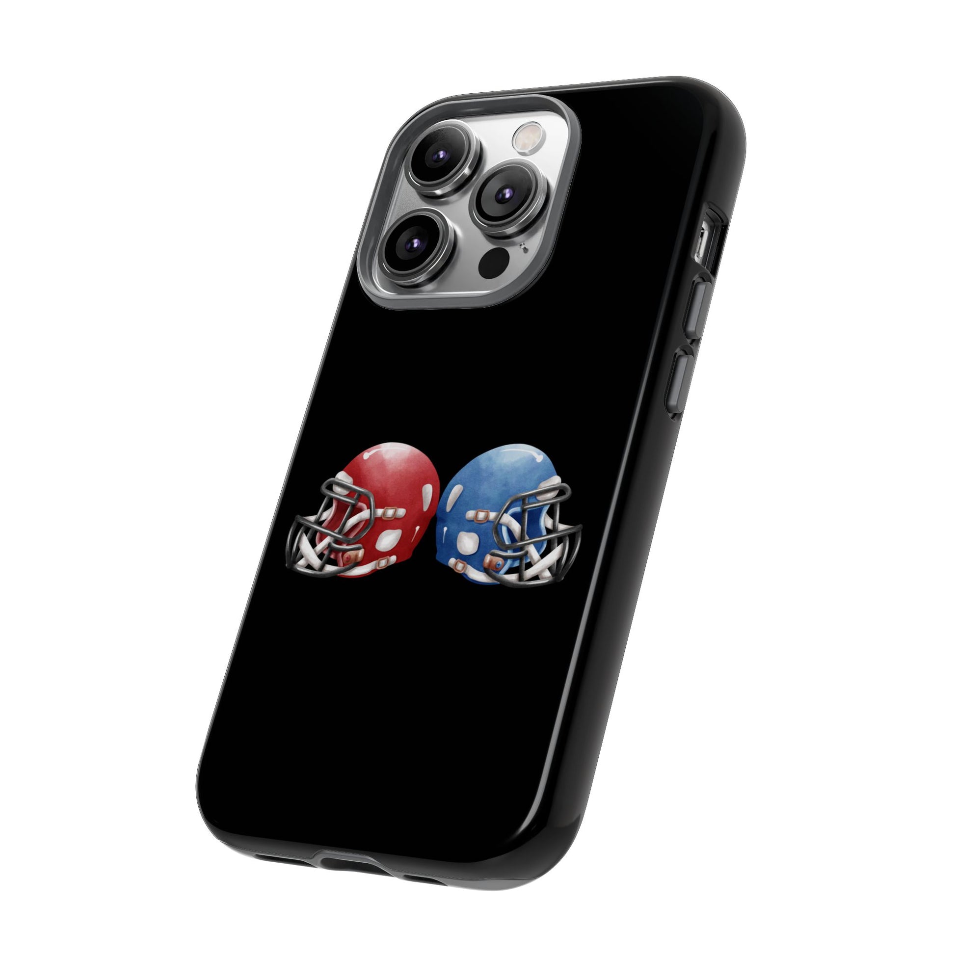 Red and blue football helmet tough phone case for iPhone, protective and durable, with bold helmet design by Printify.
