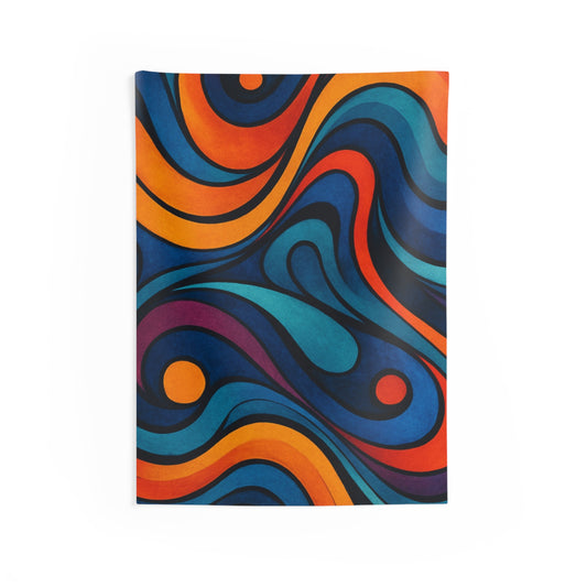 Vibrant abstract retro swirl wall tapestry with boho psychedelic design, perfect for colorful home decor.