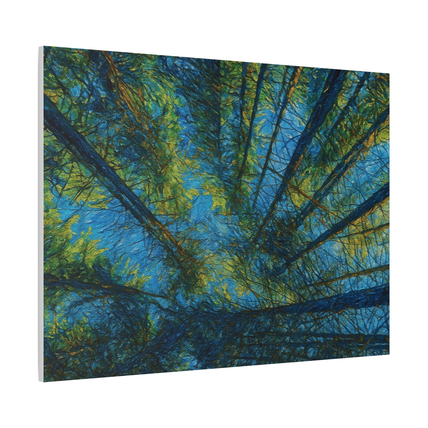 Forest Canopy Matte Canvas Wall Art — Upward View of Trees, Blue & Green Nature Print