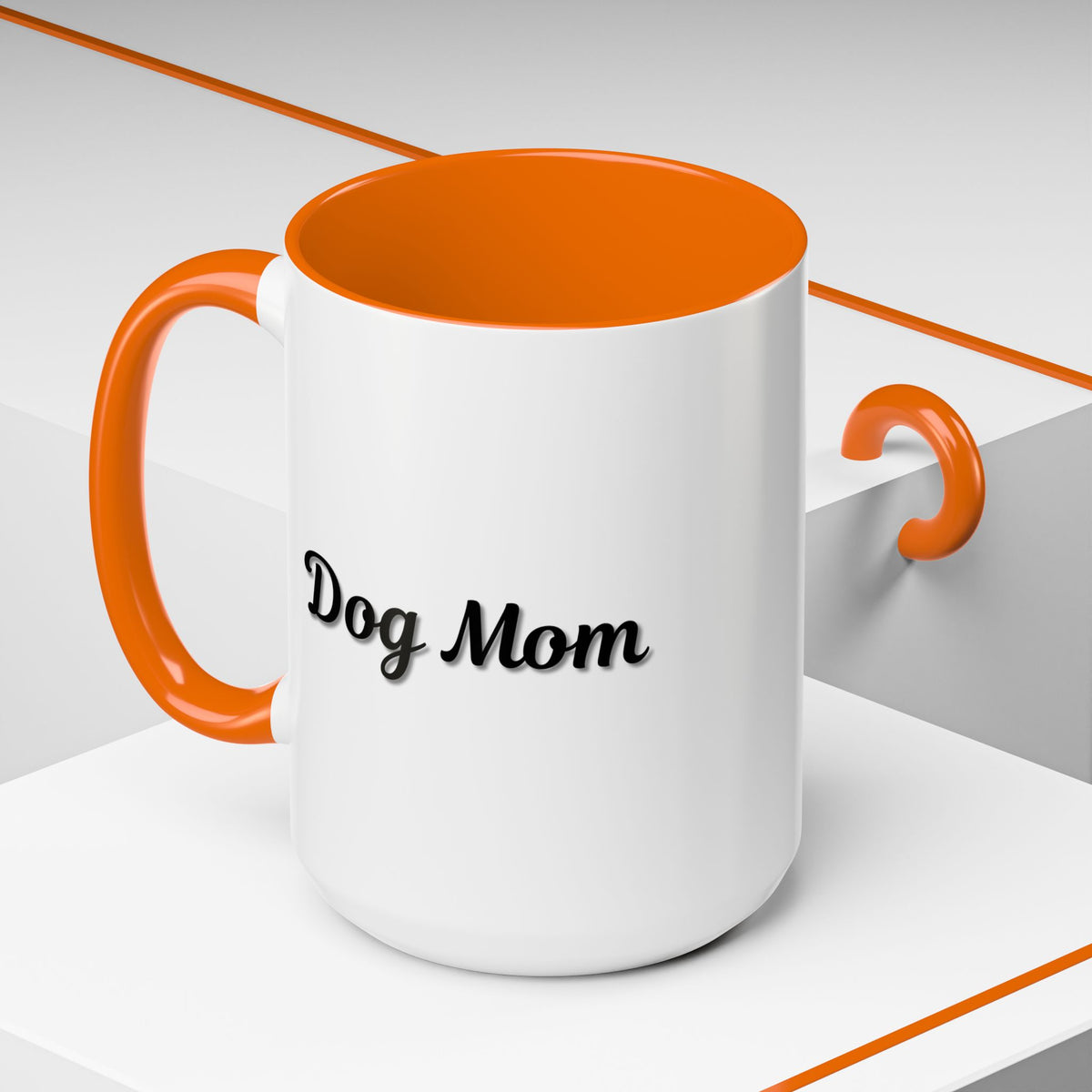Dog Mom Accent Coffee Mug — white ceramic coffee mug with retro script "Dog Mom" print, colored interior and C-handle, 11oz/15oz, side profile view