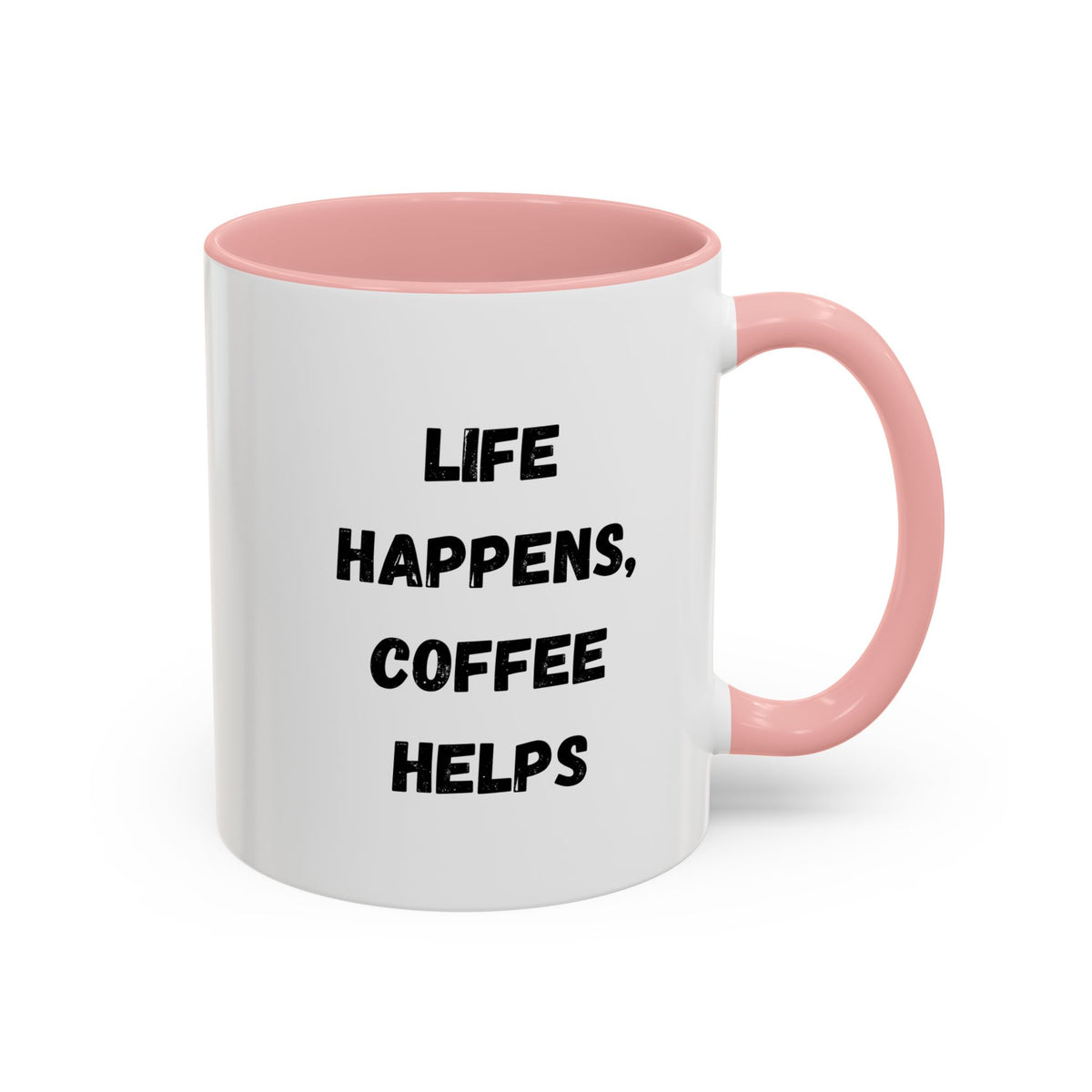 Black ceramic mug with "Life Happens Coffee Helps" text, 11oz size, with black handle and rim, by Printify.