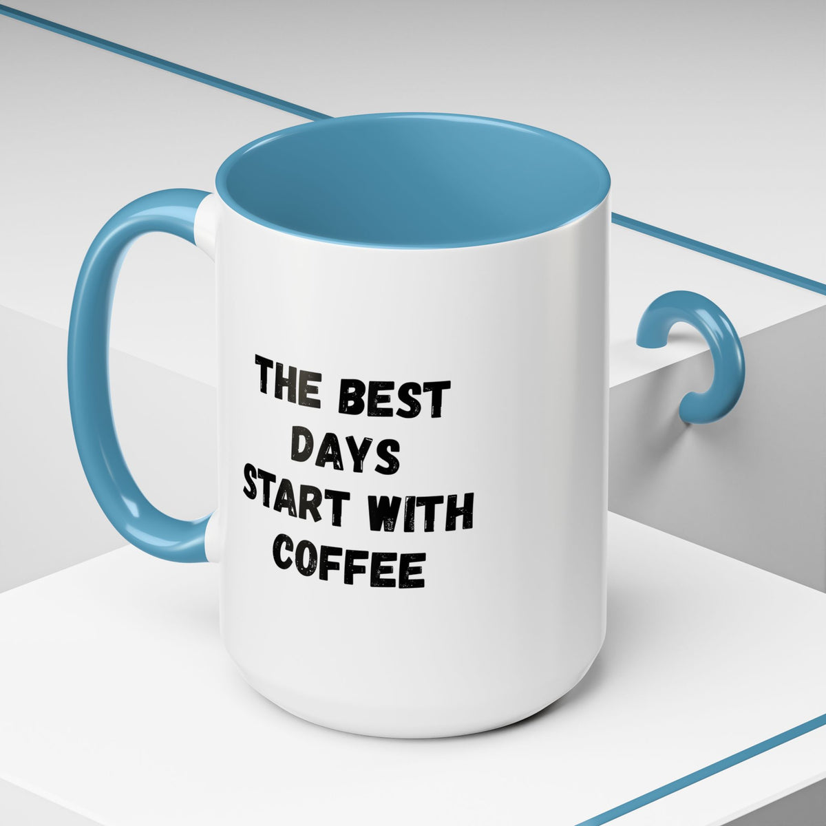 Ceramic coffee mug with "The Best Days Start With Coffee" quote, 11oz, white accent mug from Printify, shown with coffee inside.
