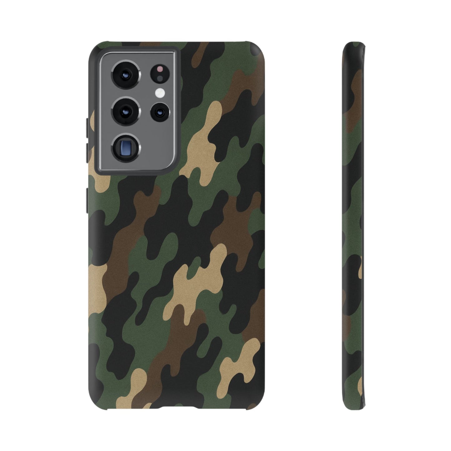 Camouflage tough phone case by Printify showing a rugged camo design with reinforced edges for durable protection.