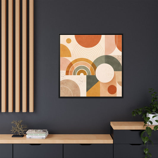 Abstract terracotta and geometric rainbow design on matte framed canvas by Printify, featuring bold shapes and warm earthy tones.
