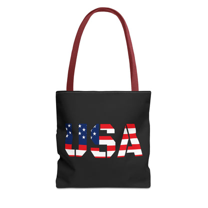 USA flag tote bag by Printify, reusable summer carryall with patriotic stars and stripes for 4th of July celebrations.