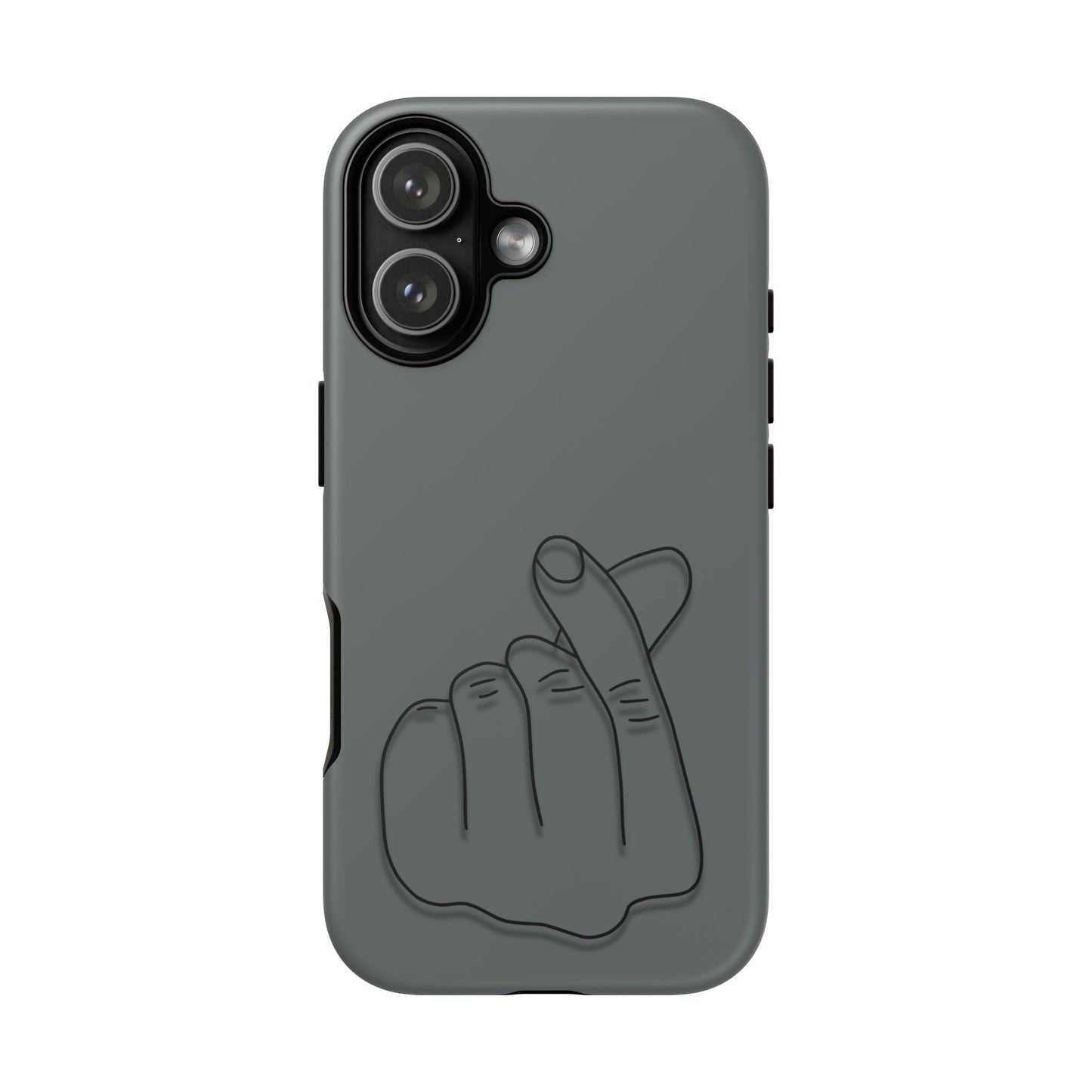 Silicone phone case with embossed Korean finger heart design, stylish and protective for smartphones.