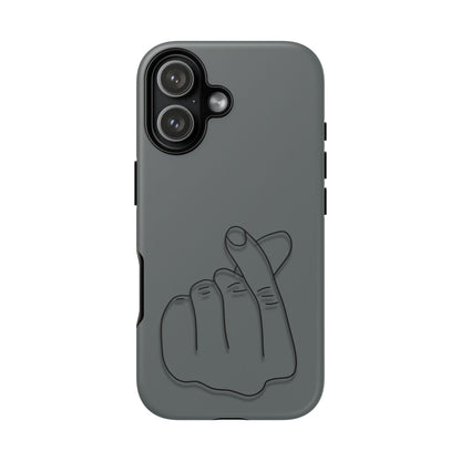 Silicone phone case with embossed Korean finger heart design, stylish and protective for smartphones.