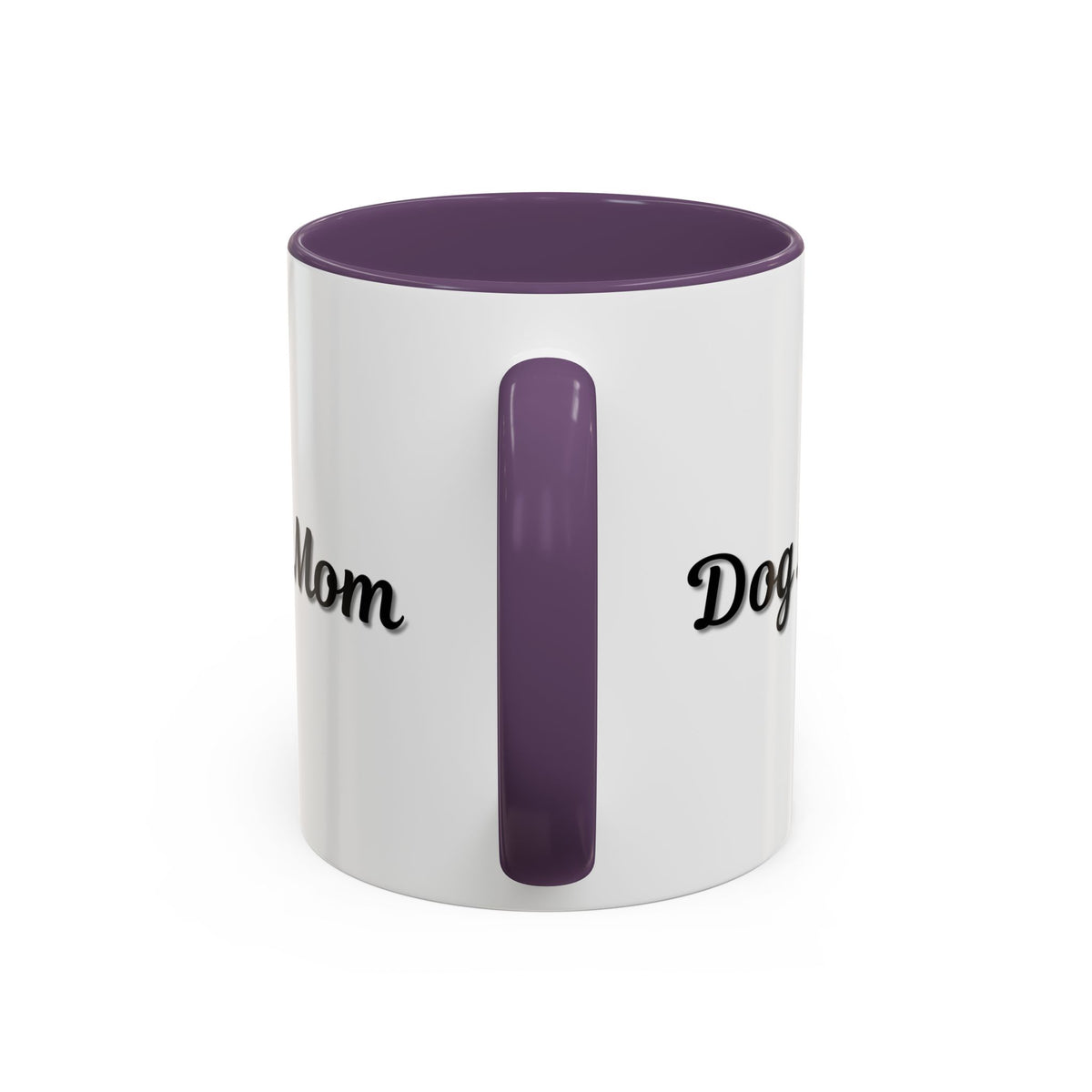 Dog Mom Accent Coffee Mug — white ceramic coffee mug with retro script "Dog Mom" print, colored interior and C-handle, 11oz/15oz, angled view on wooden table