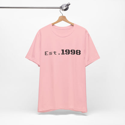 Vintage Est. 1998 T-Shirt by Printify with graphic design celebrating the year of birth, casual unisex style, front view.