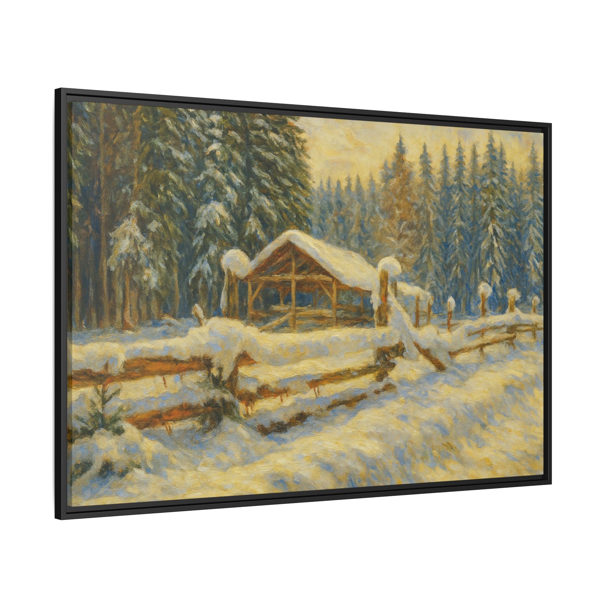 Snowy cabin winter landscape canvas wall art by Printify, featuring a cozy mountain scene with snow-covered trees.