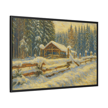 Snowy cabin winter landscape canvas wall art by Printify, featuring a cozy mountain scene with snow-covered trees.
