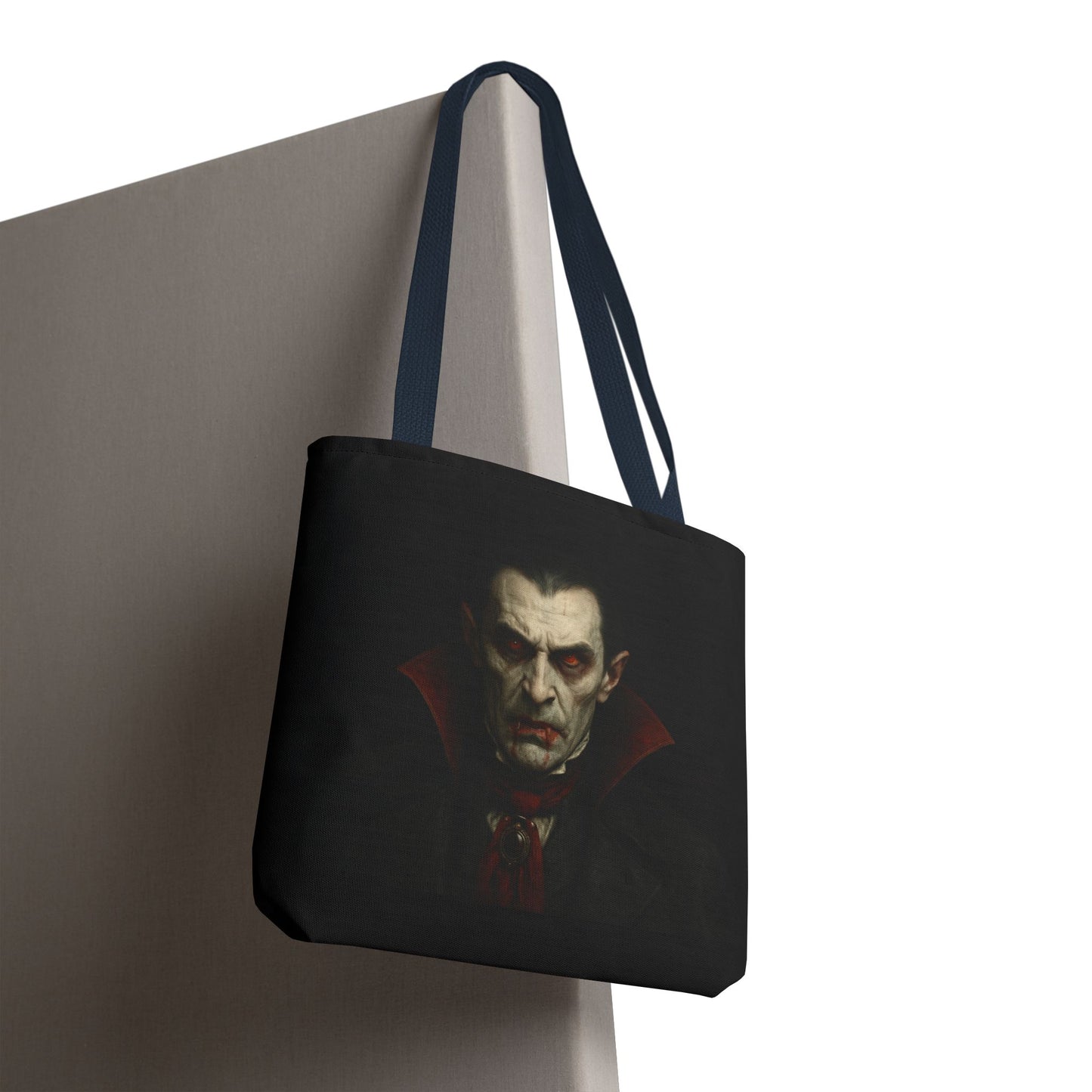 Black Vampire Tote Bag featuring gothic Halloween design, made by Printify, with spooky vampire graphics on durable fabric.