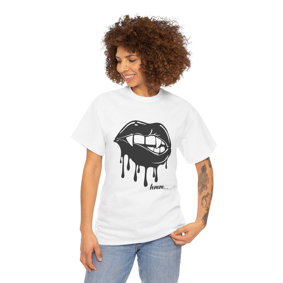 Graphic T-shirt featuring dripping lips "hmm..." bite design in black and white print, showcasing a bold, artistic style.