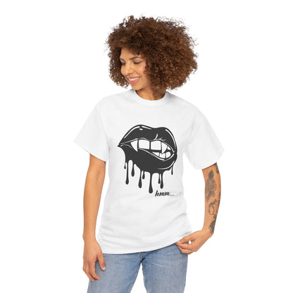 Graphic T-shirt featuring dripping lips "hmm..." bite design in black and white print, showcasing a bold, artistic style.