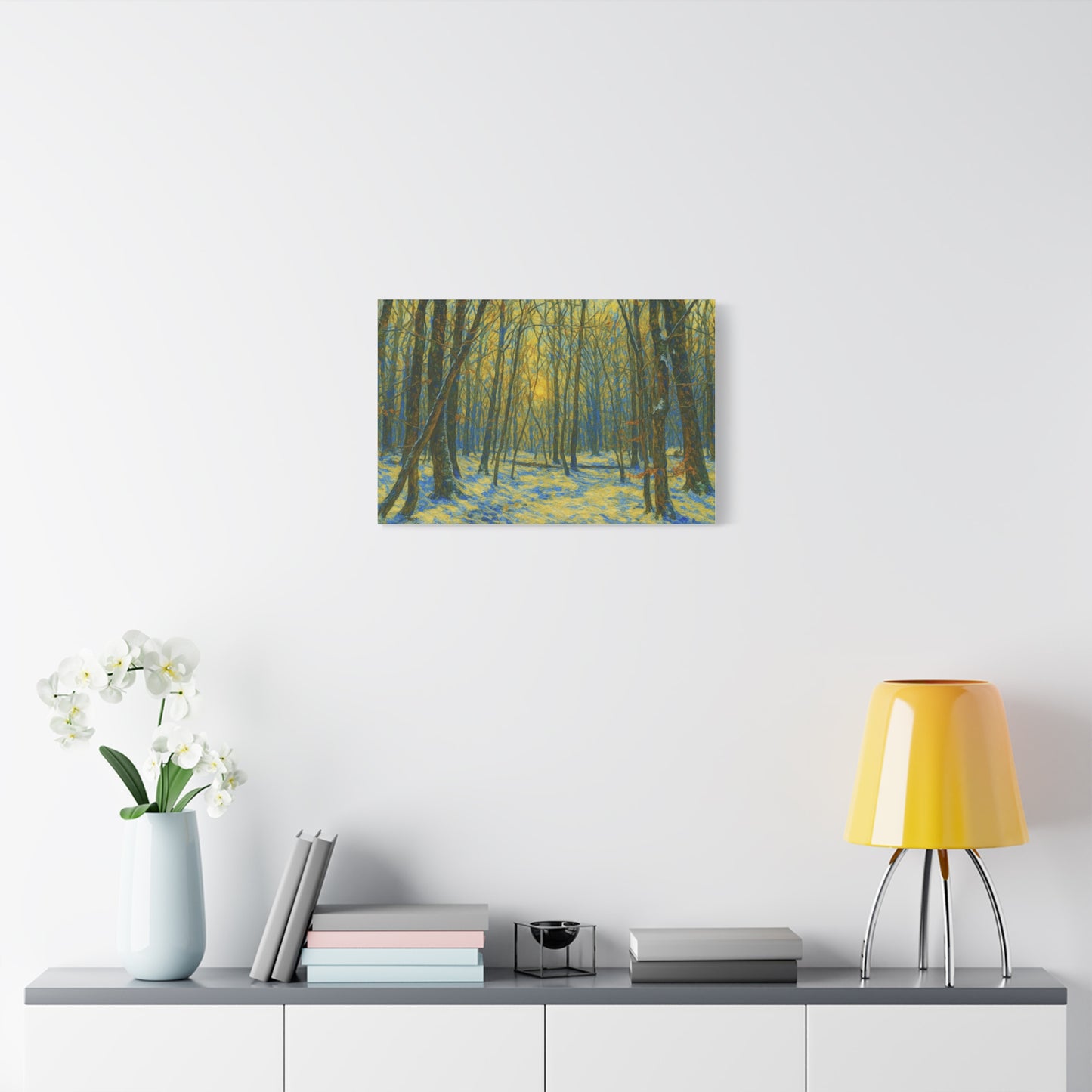 Winter woodland forest scene on canvas print by Printify, featuring sunlight and matte stretched canvas art.