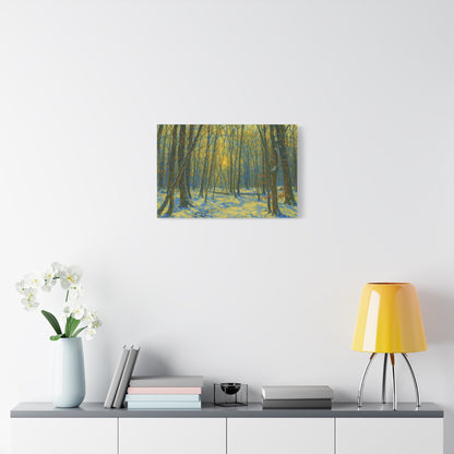Winter woodland forest scene on canvas print by Printify, featuring sunlight and matte stretched canvas art.
