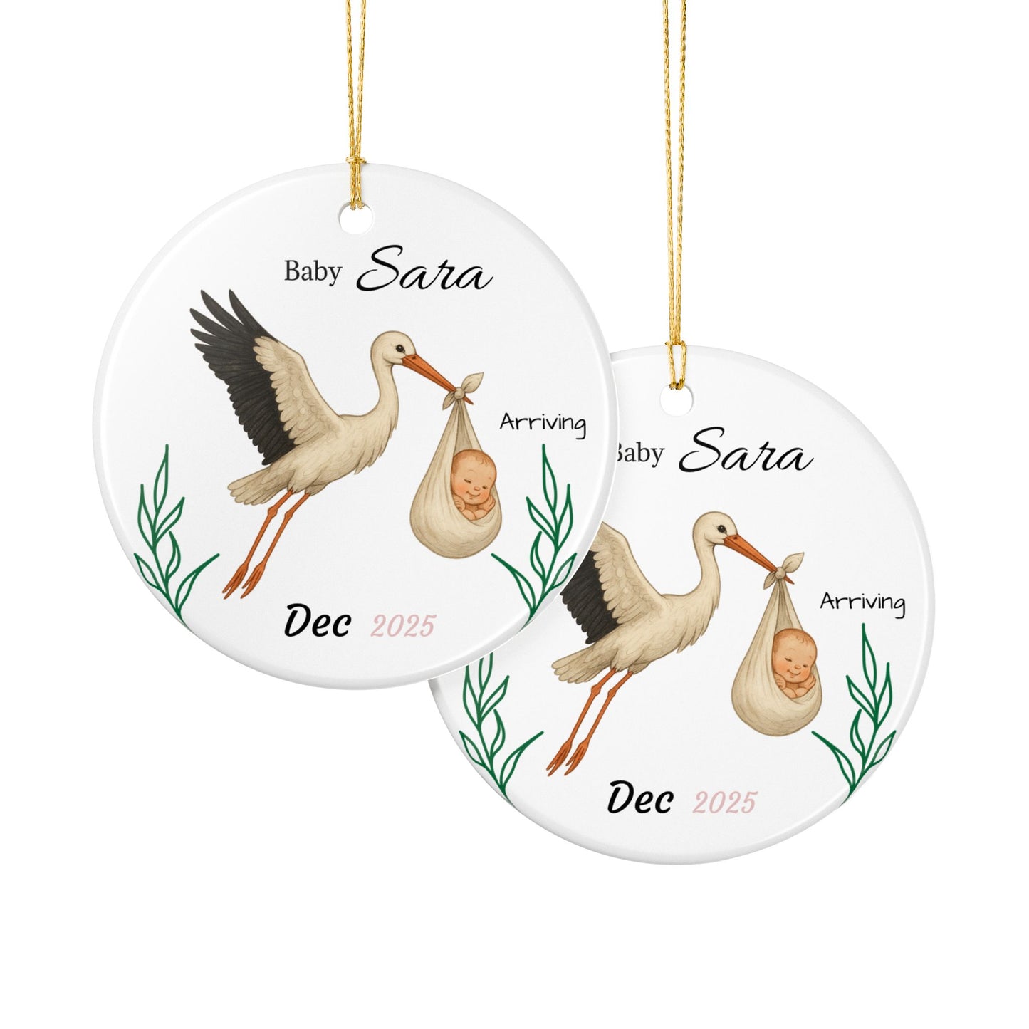 Stork with Baby, Personalized Name and Due Date Ornament Ceramic Ornament - TRV