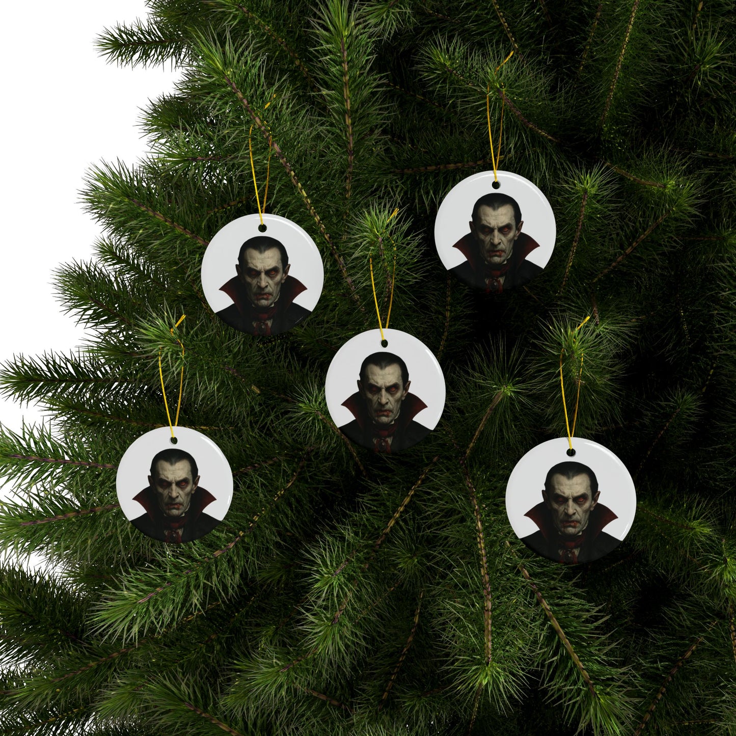 Two-sided vampire portrait ceramic ornament, gothic Christmas decoration by Printify, featuring a spooky vampire face design.