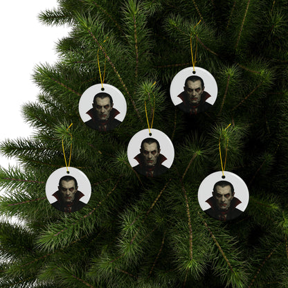 Two-sided vampire portrait ceramic ornament, gothic Christmas decoration by Printify, featuring a spooky vampire face design.