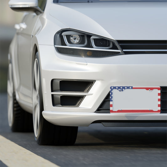 American flag metal license plate frame with patriotic design, durable accessories from Printify for vehicle customization.