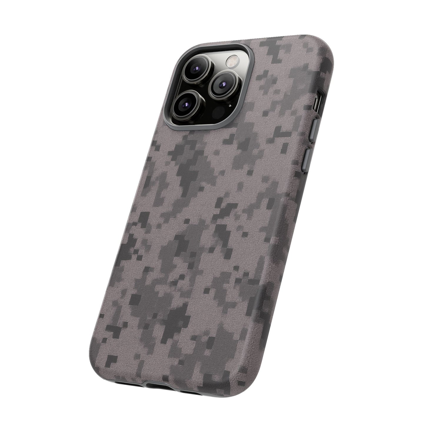 Gray digital camouflage phone case by Printify, tough protective cover designed for smartphones.