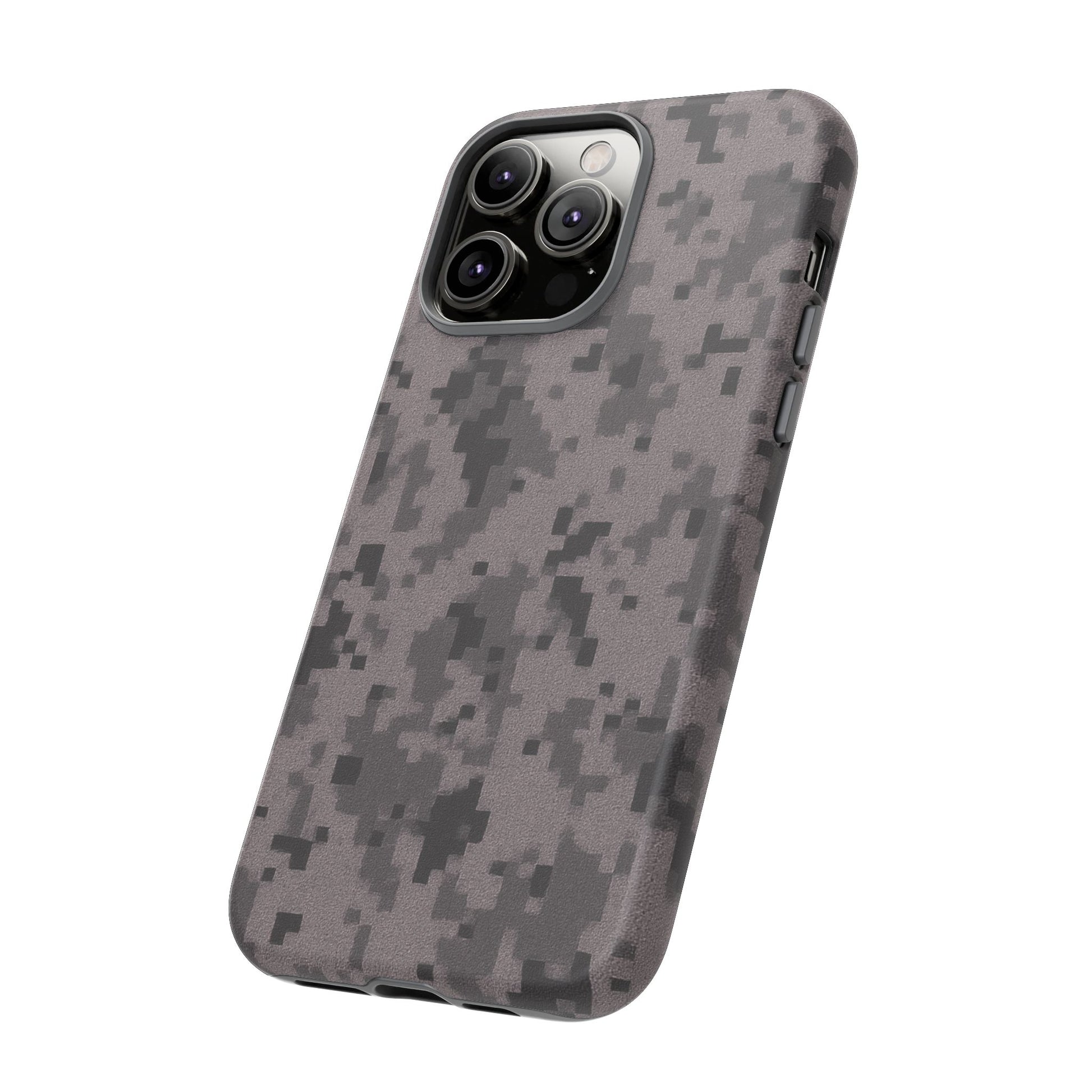 Gray digital camouflage phone case by Printify, tough protective cover designed for smartphones.