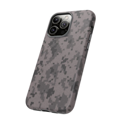 Gray digital camouflage phone case by Printify, tough protective cover designed for smartphones.