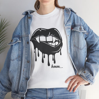 Black graphic t-shirt featuring dripping lips and "hmm..." bite design by Printify, casual streetwear style.