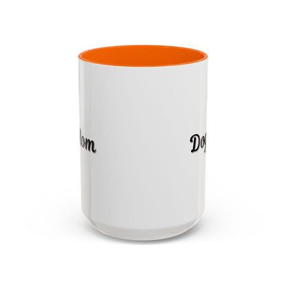 Dog Mom Accent Coffee Mug — white ceramic coffee mug with retro script "Dog Mom" print, colored interior and C-handle, 11oz/15oz, side profile view