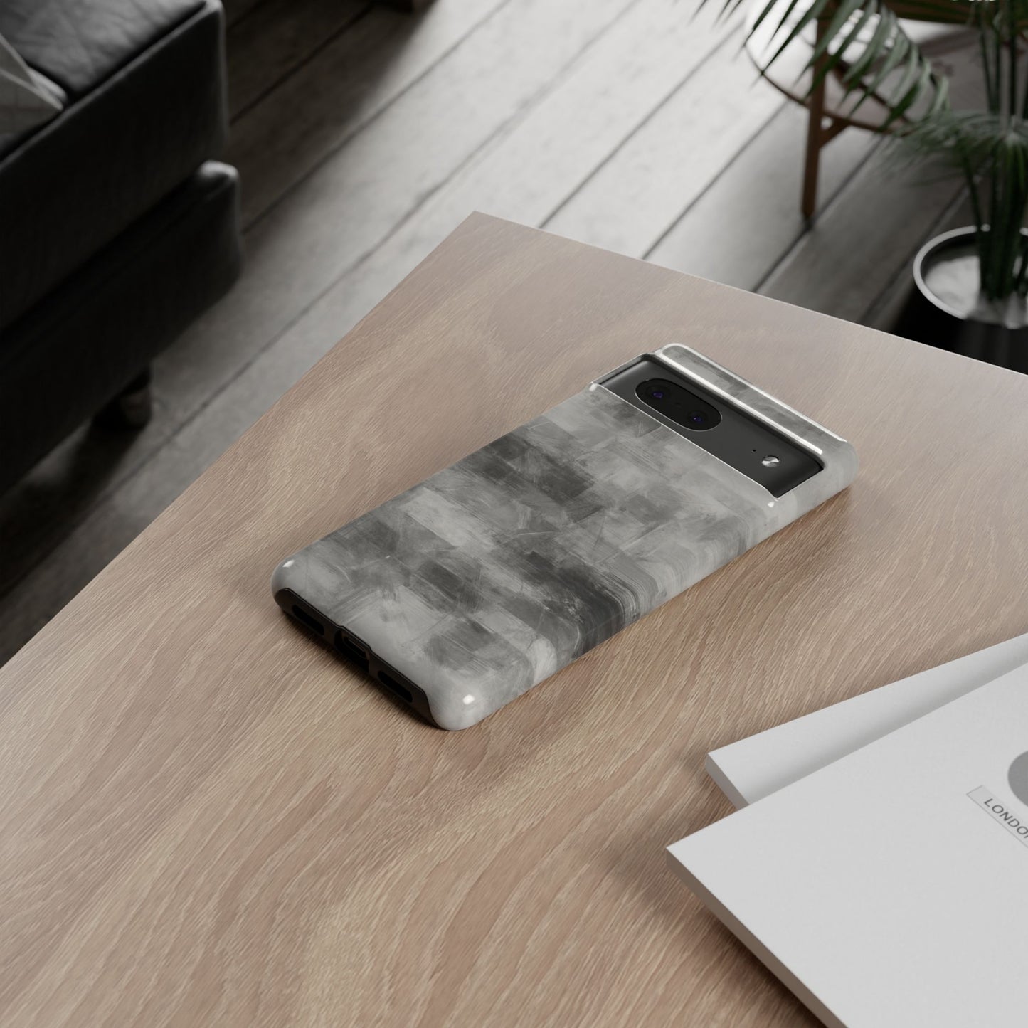 Abstract gray grid phone case for iPhone, tough protective cover by Printify with modern geometric design.
