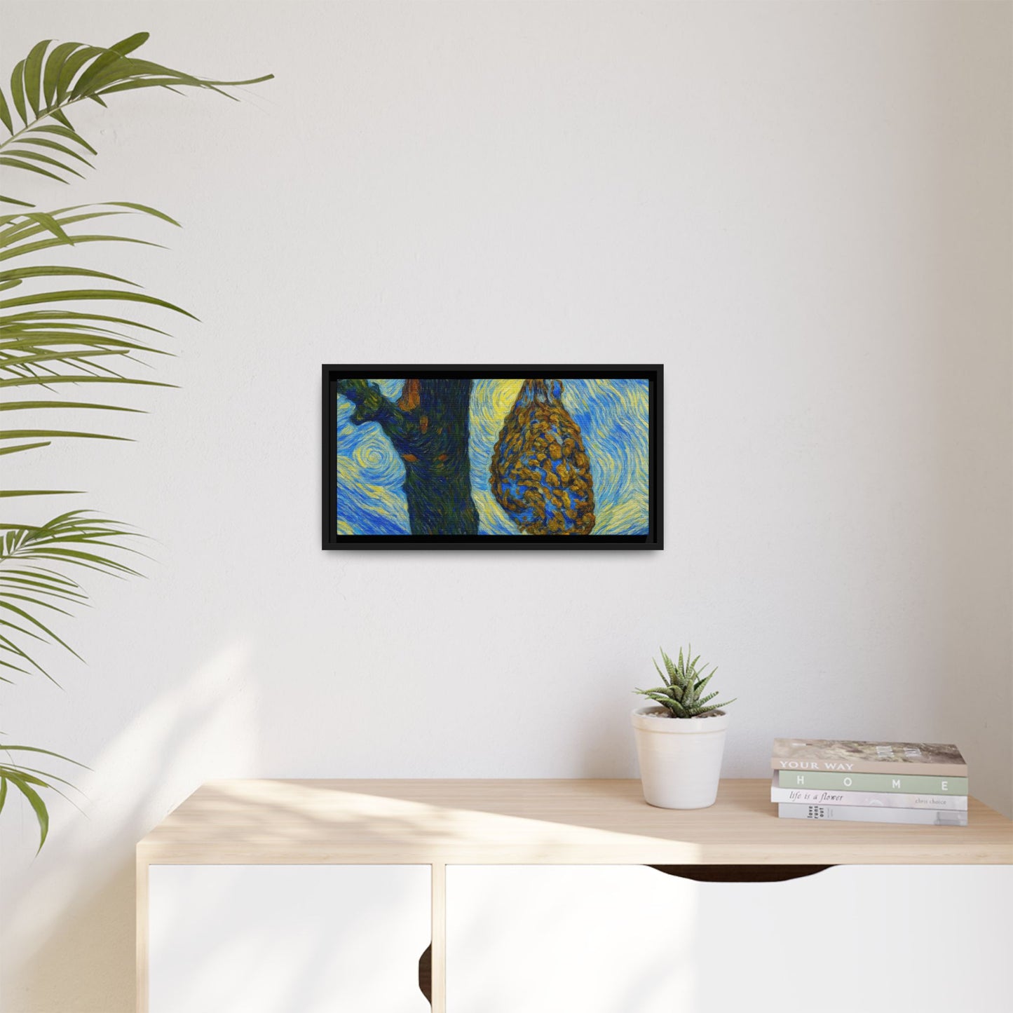 Framed matte canvas art of a starry nut cluster with dried plum in a tree, printed by Printify, featuring detailed botanical imagery.
