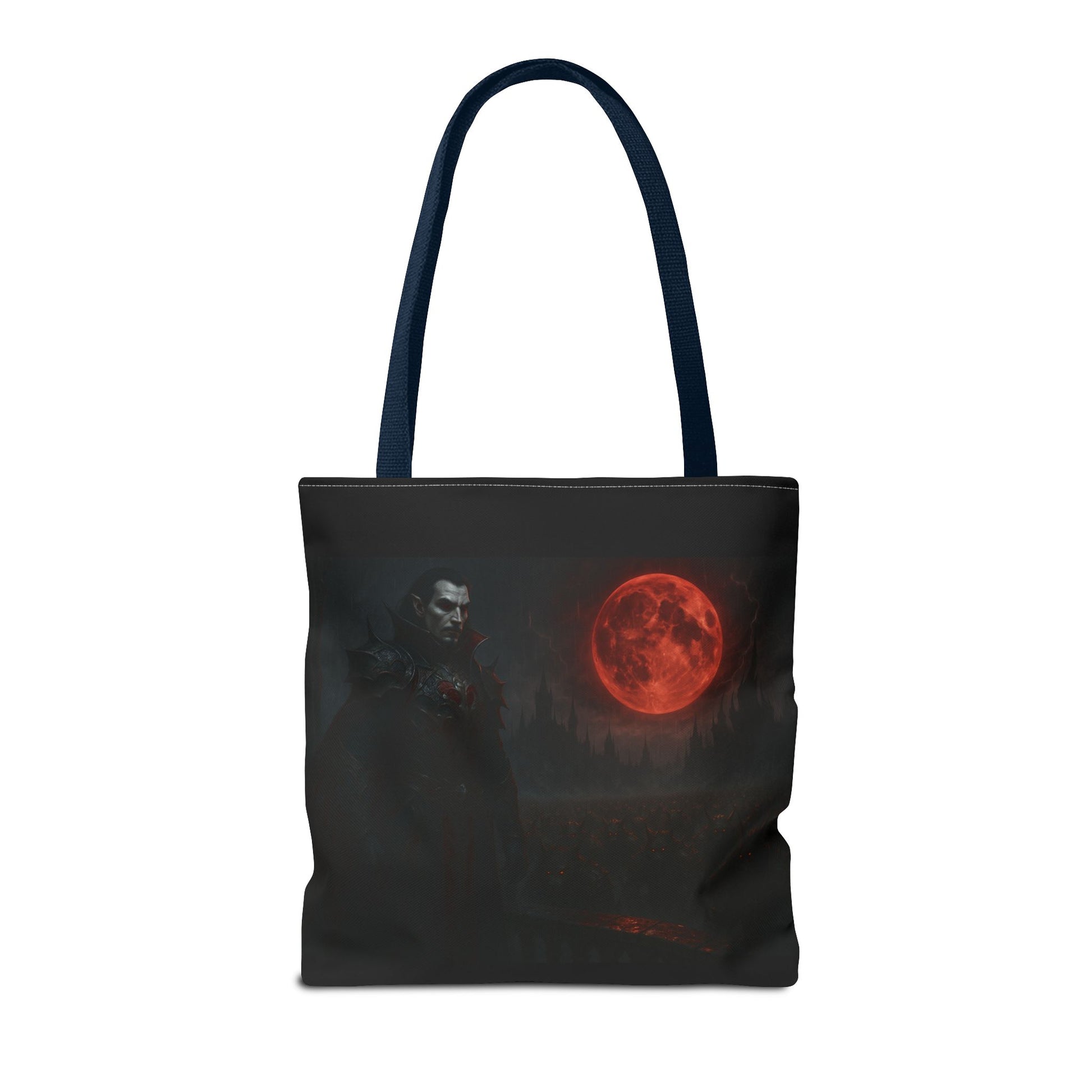 Gothic Dracula tote bag with moonlit vampire art, perfect Halloween gift, featuring a stylish black bag with spooky vampire design.