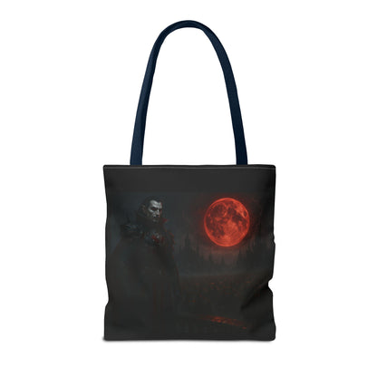 Gothic Dracula tote bag with moonlit vampire art, perfect Halloween gift, featuring a stylish black bag with spooky vampire design.