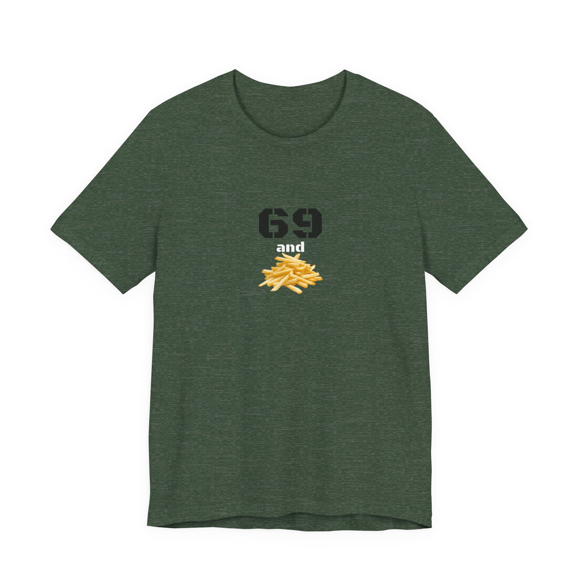 Unisex graphic T-shirt featuring a humorous 69 and French fries design in black and white, casual and quirky style.